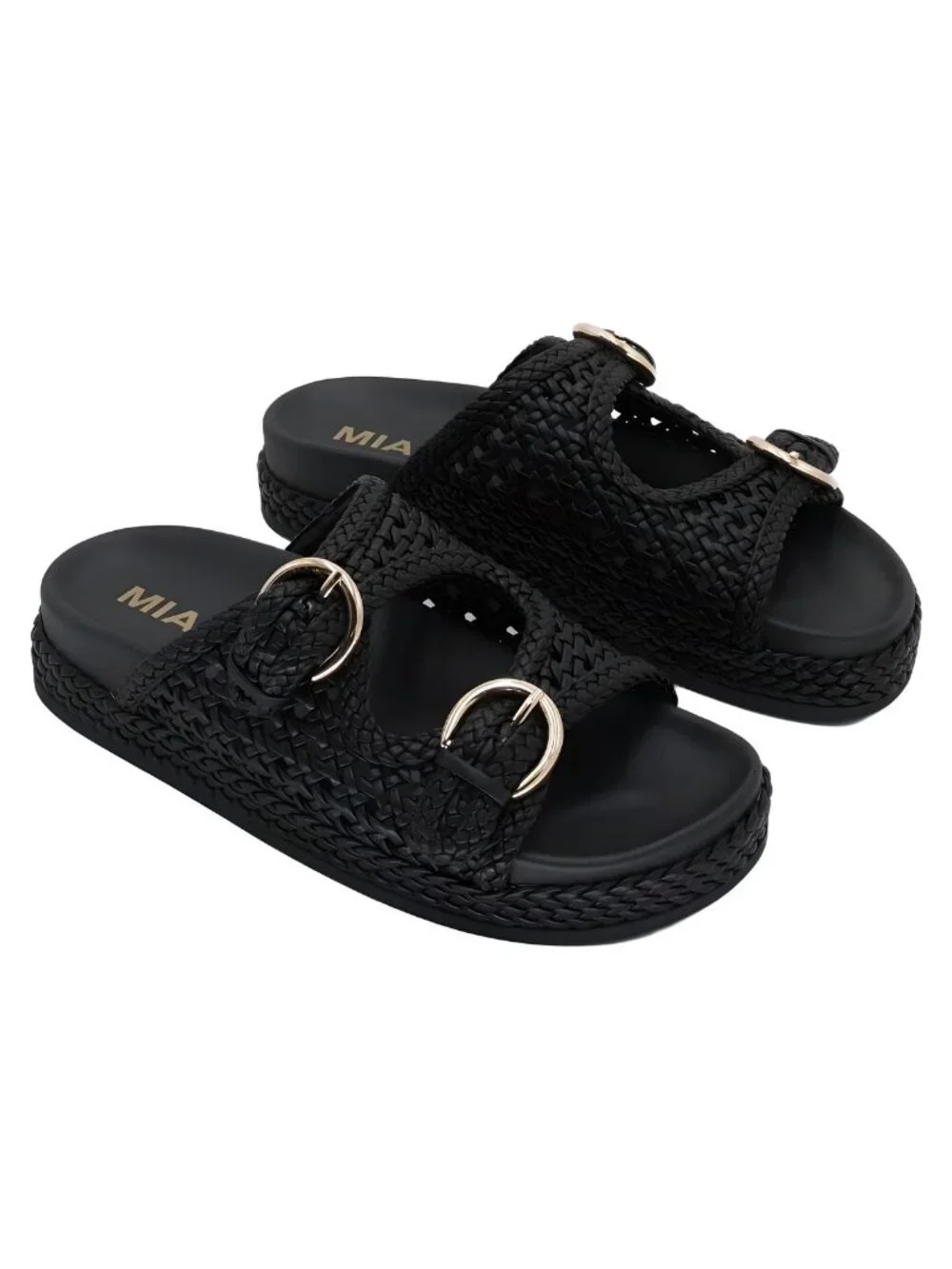 MIA Womens Trendy Woven Double Buckle Black Platform Slide Sandals Size 7.5M